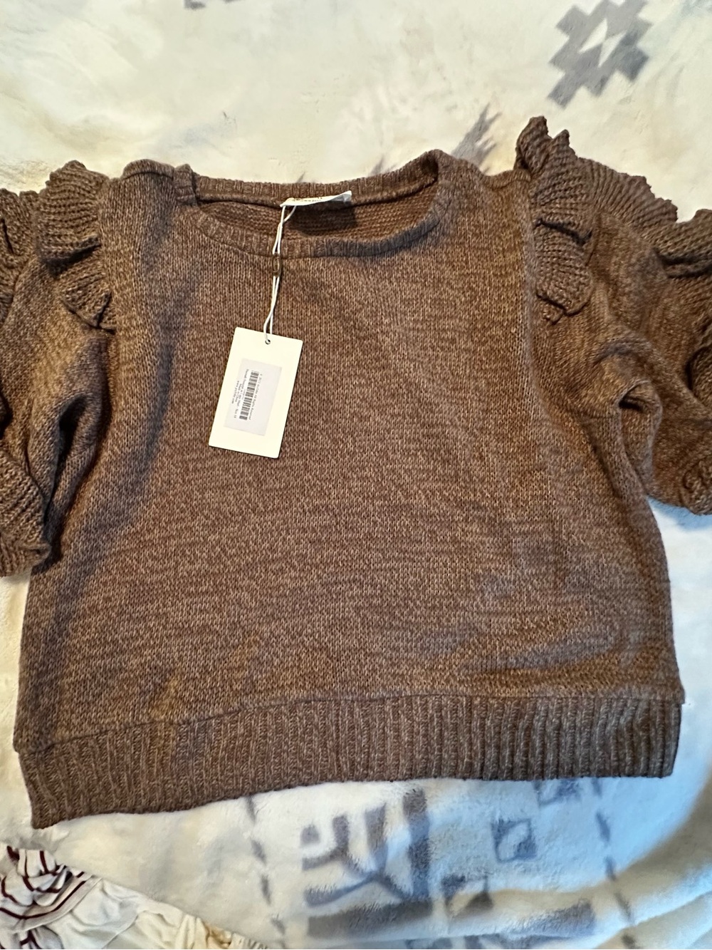 Joyfolie Brown Ruffle Sleeve Cropped Crew Sweater